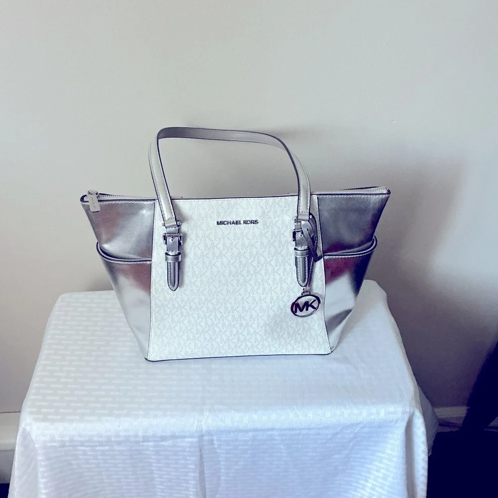 Michael Kors Metallic Silver and White Tote